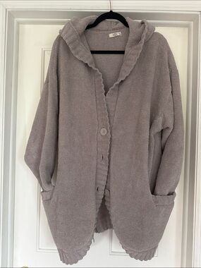 UGG Plush Hooded Button Cardigan in Light Taupe Gray
